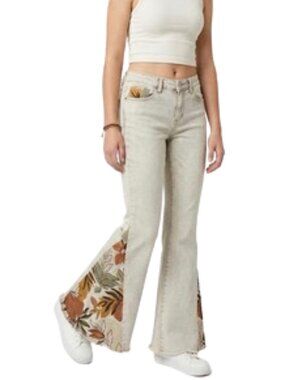 Free People X Driftwood Tan Jeans Farrah Embroidered Flare Mid-Rise Rare 28x29"